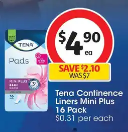 Coles Tena Continence Liners Mini Plus 16 Pack offer