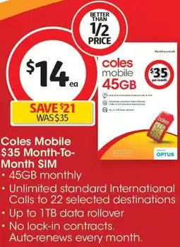 Coles Coles Mobile Month-To- Month SIM offer