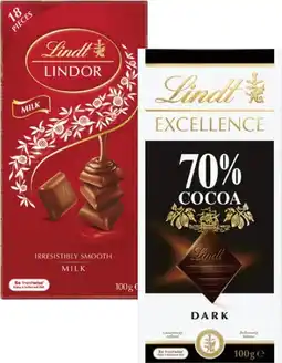 Coles Lindt Excellence or Lindor Block Chocolate 80g-100g offer