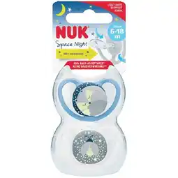 Woolworths NUK Space Night Soother 6-18 Months Assorted Pk 2 offer