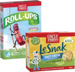 Coles Uncle Tobys Le Snak 132g or Roll Ups 94g offer