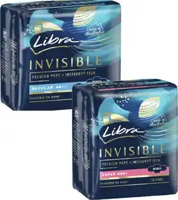 Coles Libra Invisible Pads with Wings Regular 12 Pack or Super 10 Pack offer