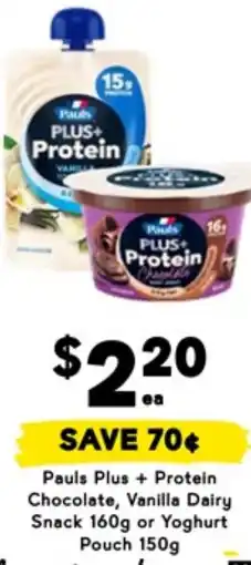 Drakes Pauls Plus + Protein Chocolate, Vanilla Dairy Snack or Yoghurt Pouch offer