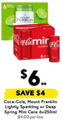 Drakes Coca-Cola, Mount Franklin Lightly Sparkling or Deep Spring Mini Cans offer