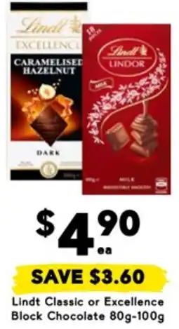 Drakes Lindt Classic or Excellence Block Chocolate offer