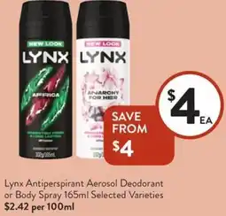 Foodworks Lynx Antiperspirant Aerosol Deodorant or Body Spray offer