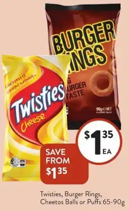 Foodworks Twisties, Burger Rings, Cheetos Balls or Puffs offer