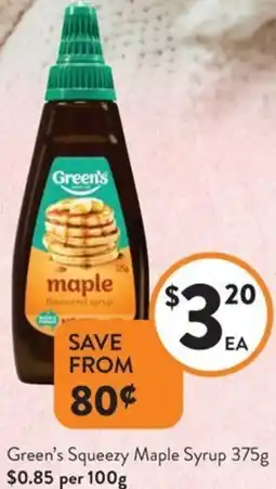 Foodworks Green's Squeezy Maple Syrup offer