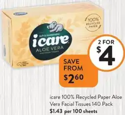 Foodworks icare 100% Recycled Paper Aloe Vera Facial Tissues offer