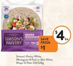 Foodworks Simson's Pantry White, Wholegrain or Mini White Wraps offer