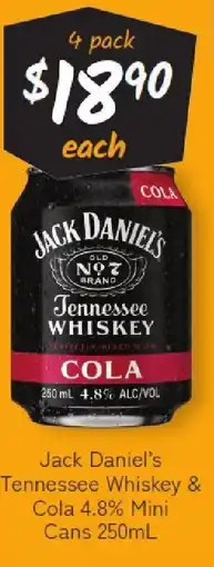 Cellarbrations Jack daniel's tennessee whiskey & cola 4.8% mini cans offer