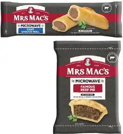 Coles Mrs Mac's Microwaveable Sausage Roll or Beef Pie 175g offer