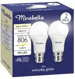 Coles Mirabella 9W GLS LED Light Globes 2 Pack offer