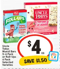 IGA Uncle tobys muesli bars 5-6 pack or roll-ups 6 pack offer