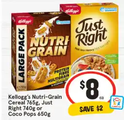 IGA Kellogg's nutri-grain cerealCereal 765g, Just Right 740g or Coco Pops 650g offer