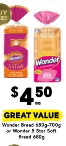Drakes Wonder bread 680g-700g or wonder 5 star soft bread 680g offer