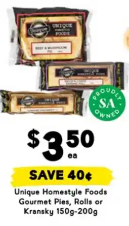 Drakes Unique homestyle foods gourmet pies, rolls or kransky offer