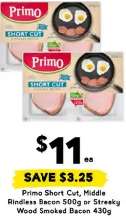 Drakes Primo short cut, middle rindless bacon 500g or streaky wood smoked bacon 430g offer