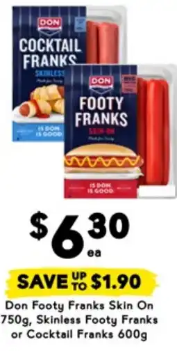 Drakes Don footy franks skin on 750g, skinless footy franks or cocktail franks 600g offer