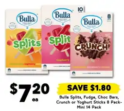 Drakes Bulla Splits, Fudge, Choc Bars, Crunch or Yoghurt Sticks 8 Pack- Mini 14 Pack offer