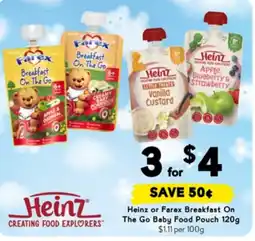 Drakes Heinz or farex breakfast on the go baby food pouch offer