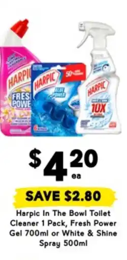 Drakes Harpic in the bowl toilet cleaner 1 pack, fresh power gel 700ml or white & shine offer