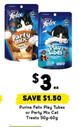 Drakes Purina Felix Play Tubes or Party Mix Cat Treats offer