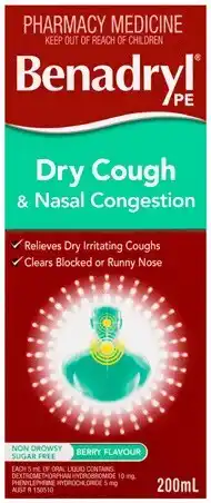 Discount Drug Stores Benadryl PE Dry Cough & Nasal Congestion Cough Liquid 200mL offer