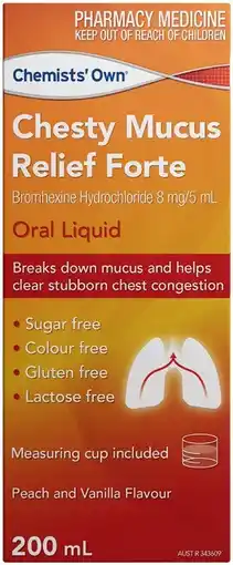 Discount Drug Stores Chemists’ Own Chesty Mucus Relief Forte Oral Liquid Peach and Vanilla Flavour 200mL offer