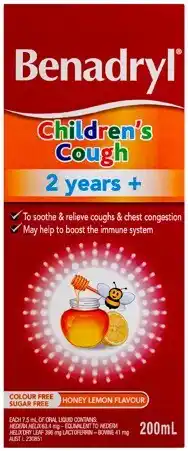 Discount Drug Stores Benadryl Children’s Cough 2 Years+ Oral Liquid Honey Lemon Flavour 200mL offer