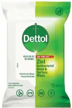 Discount Drug Stores Dettol 2 in 1 Antibacterial Hand & Surface Wipes 15 Pack offer