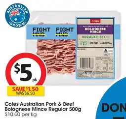 Coles Coles australian pork & beef bolognese mince regular offer
