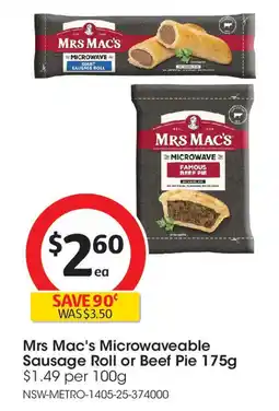 Coles Mrs mac's microwaveable sausage roll or beef pie offer