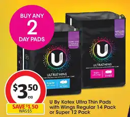Coles U by kotex ultra thin pads with wings regular offer