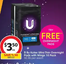 Coles U by kotex ultra thin overnight pads with wings offer