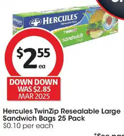 Coles Hercules twinzip resealable large sandwich bags offer