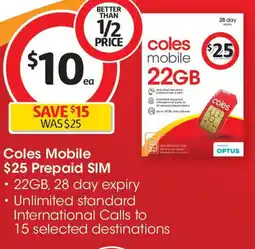 Coles Coles mobile $25 prepaid sim offer