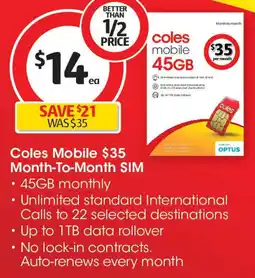 Coles Coles mobile $35 month-to-month sim offer