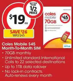 Coles Coles mobile $45 month-to-month sim offer