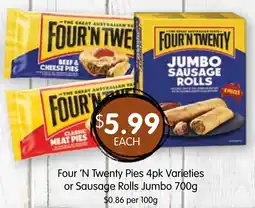 Spudshed Four 'n twenty pies or sausage rolls jumbo offer