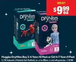 Chemist Warehouse Huggies DryNites Boy 2-4 Years or Girl 4-7 Years offer