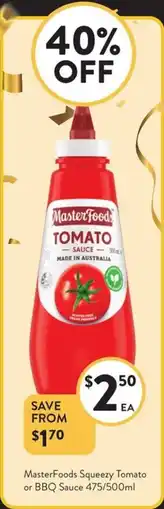 Foodworks MasterFoods Squeezy Tomato or BBQ Sauce offer