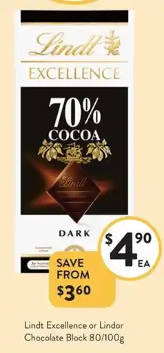 Foodworks Lindt Excellence or Lindor Chocolate Block offer