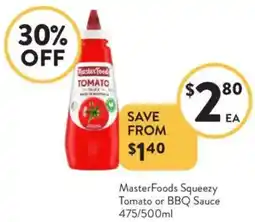 Foodworks MasterFoods Squeezy Tomato or BBQ Sauce offer