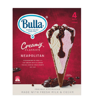 Woolworths Bulla creamy classics ice cream cones 520ml pk 4 – from the freezer offer