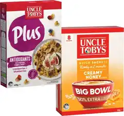 IGA Uncle Tobys Plus Cereals 410-435g or Rolled Oats Big Bowl Quick Sachets 8 Pack Selected Varieties offer