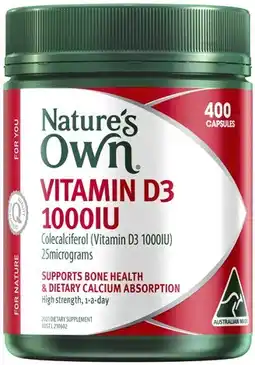 Coles Nature's Own Vitamin D3 1000IU Capsules 400 Pack^ offer