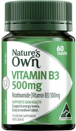 Coles Nature's Own Vitamin B3 500mg Tablets 60 Pack^ offer