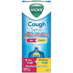 Woolworths Vicks Dry & Chesty Cough Syrup Xtra Strong Blocked Nose Relief 200ml offer