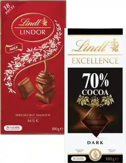 Coles Lindt Excellence or Lindor Block Chocolate 80g-100g offer